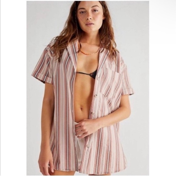 Free People Tops - We The Free People Oversized Short Sleeve Button Down Striped Shirt Sz Small